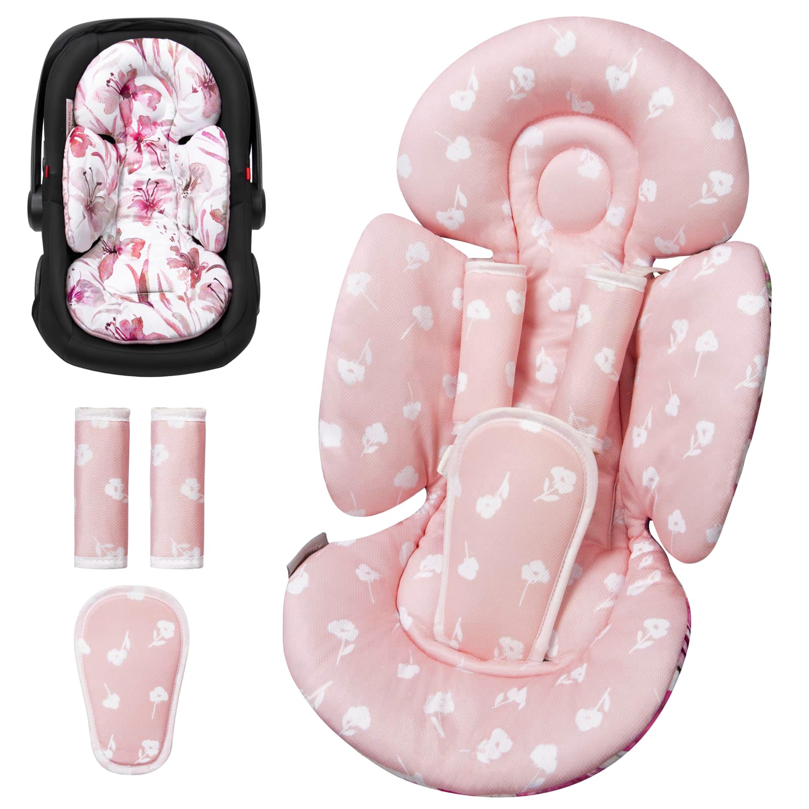 TinlyFinly newborn car seat insert pink floral plush side for warm, cozy seating