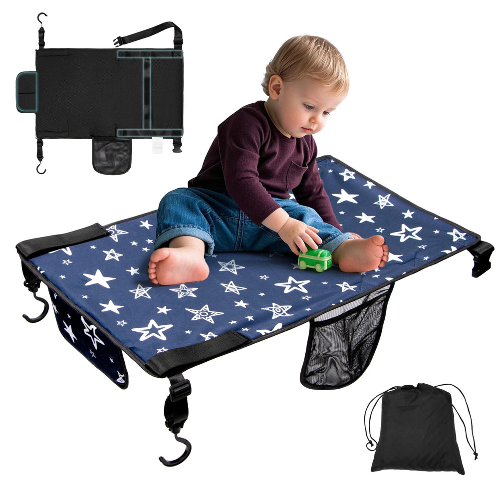 TinlyFinly Toddler Airplane Bed in use on a plane providing a cozy extended seating area for kids.