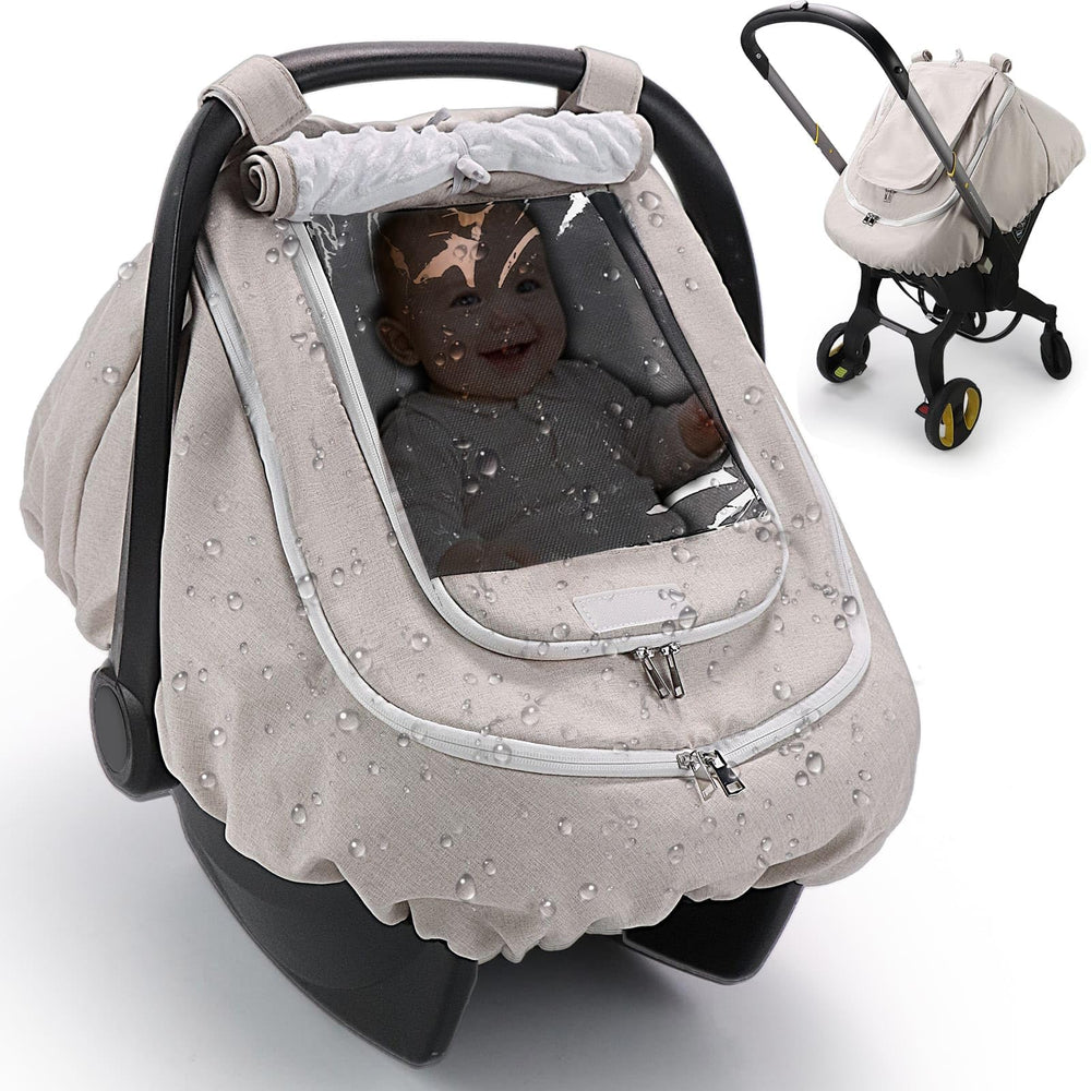 TinlyFinly waterproof car seat cover with beige window view offers cozy protection during rainy trips.