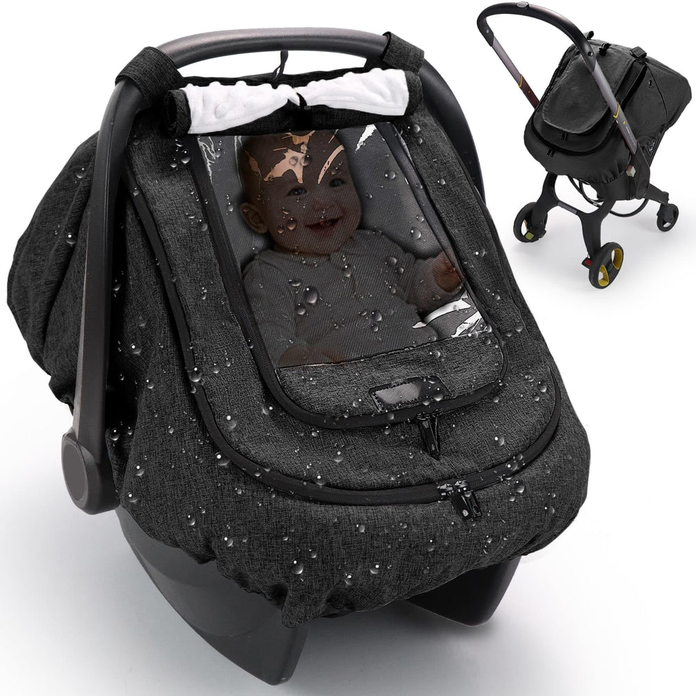 TinlyFinly waterproof car seat cover showing rain shield for baby on the go.