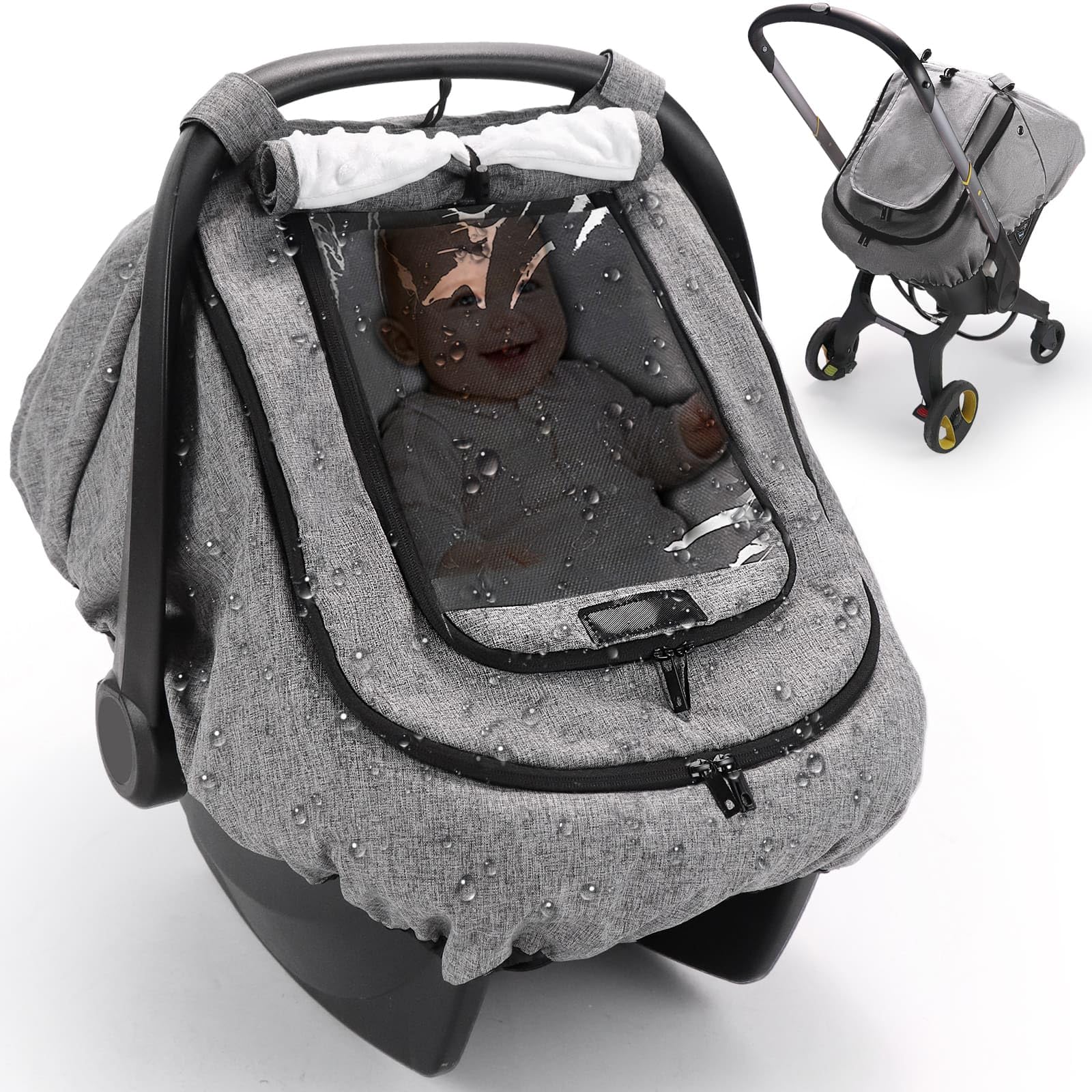 TinlyFinly waterproof car-seat-cover-rain-snow shields baby from moisture during car trips.