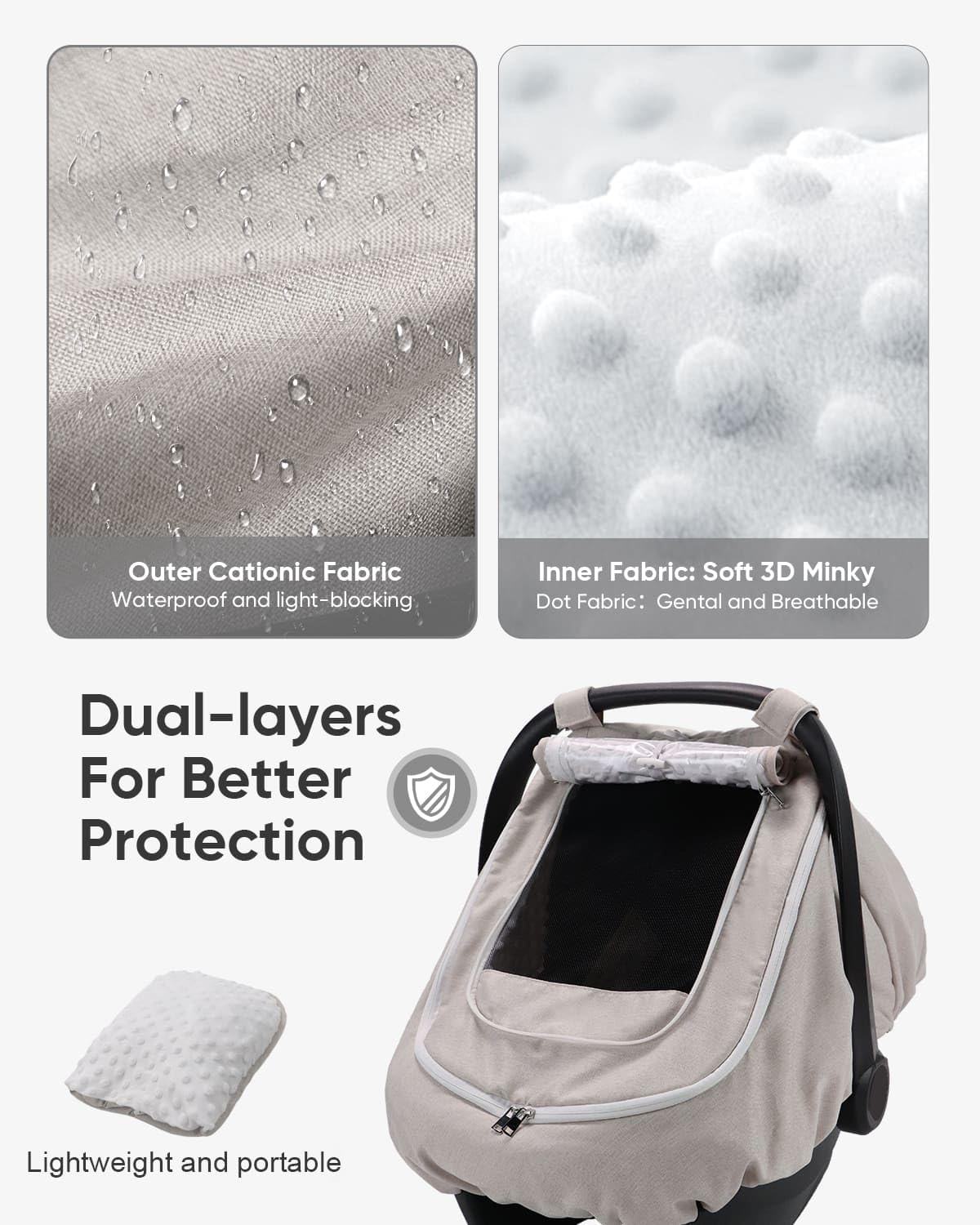 TinlyFinly two-layer waterproof shell plus soft inner minky comforts baby on journeys.