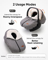 TinlyFinly winter car seat cover back view highlights full coverage for cold protection.