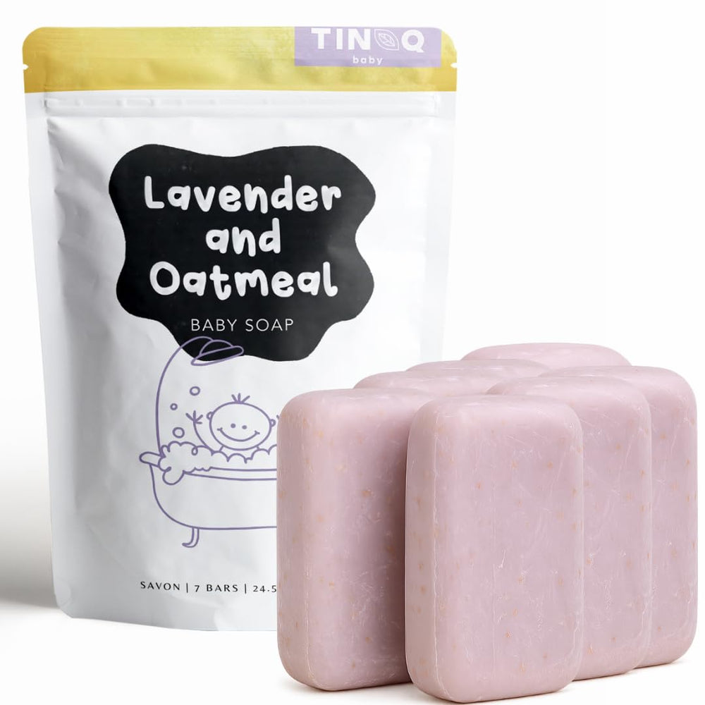 TINOQ baby bar soap lavender closeup highlights calming scent for sensitive skin baths.