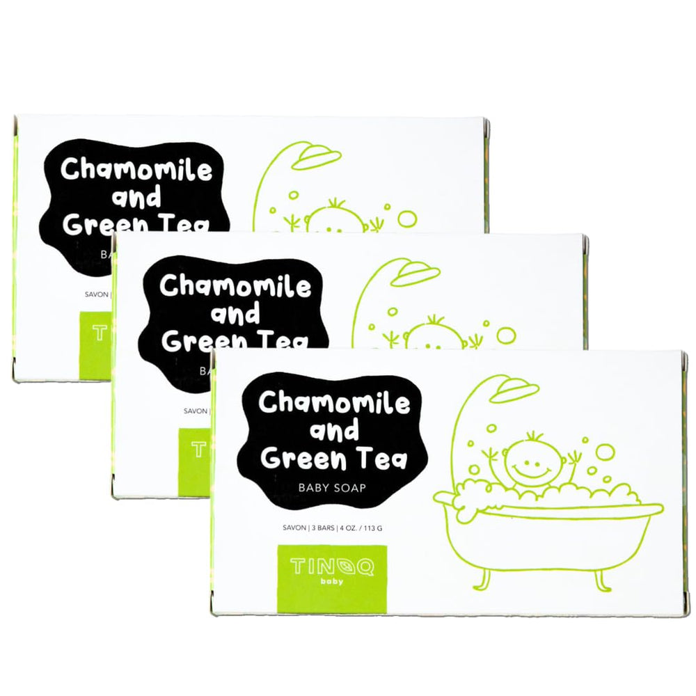 TINOQ baby soap bar chamomile close-up highlights soothing cleansing for sensitive skin.