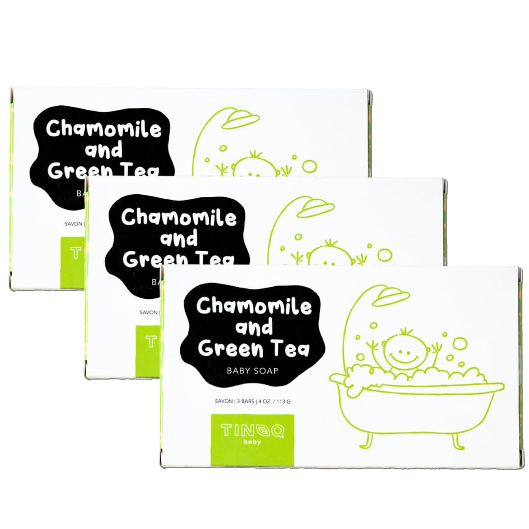 TINOQ baby soap bar chamomile close-up highlights soothing cleansing for sensitive skin.