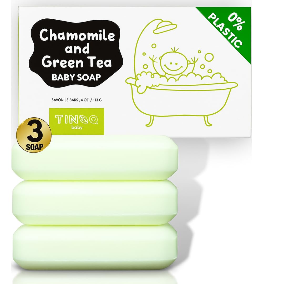 TINOQ hypoallergenic baby soap bar chamomile lather cleanses gently for sensitive skin.