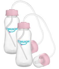 Tinukim iFeed 9oz pink bottle front view highlighting hands-free feeding design.