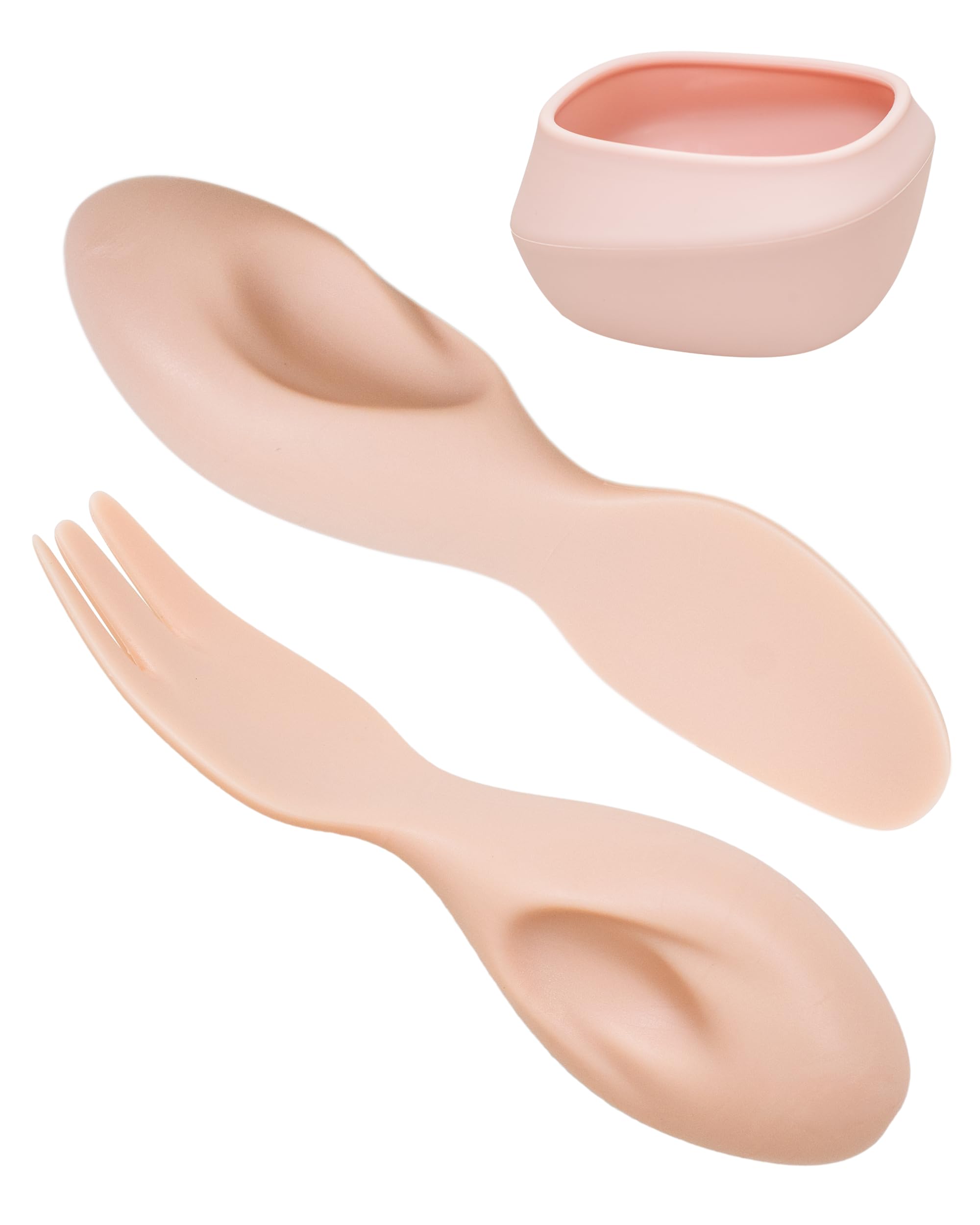 Tiny Genius toddler utensils set pink bowl in use supports self-feeding practice.