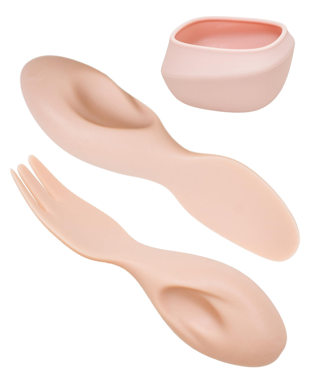 Tiny Genius toddler utensils set pink bowl in use supports self-feeding practice.