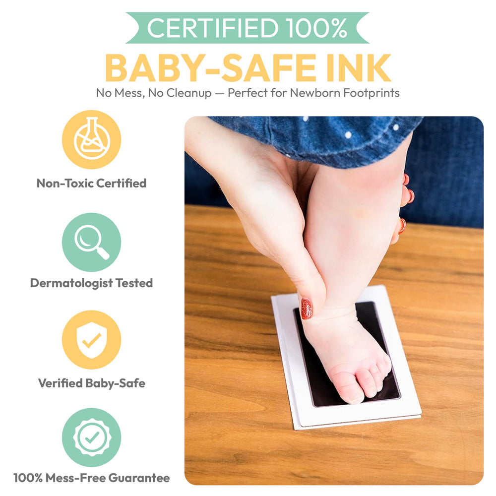 Tiny Gifts Clean Touch baby footprint image highlights quick, smudge-free stamping for keepsakes.