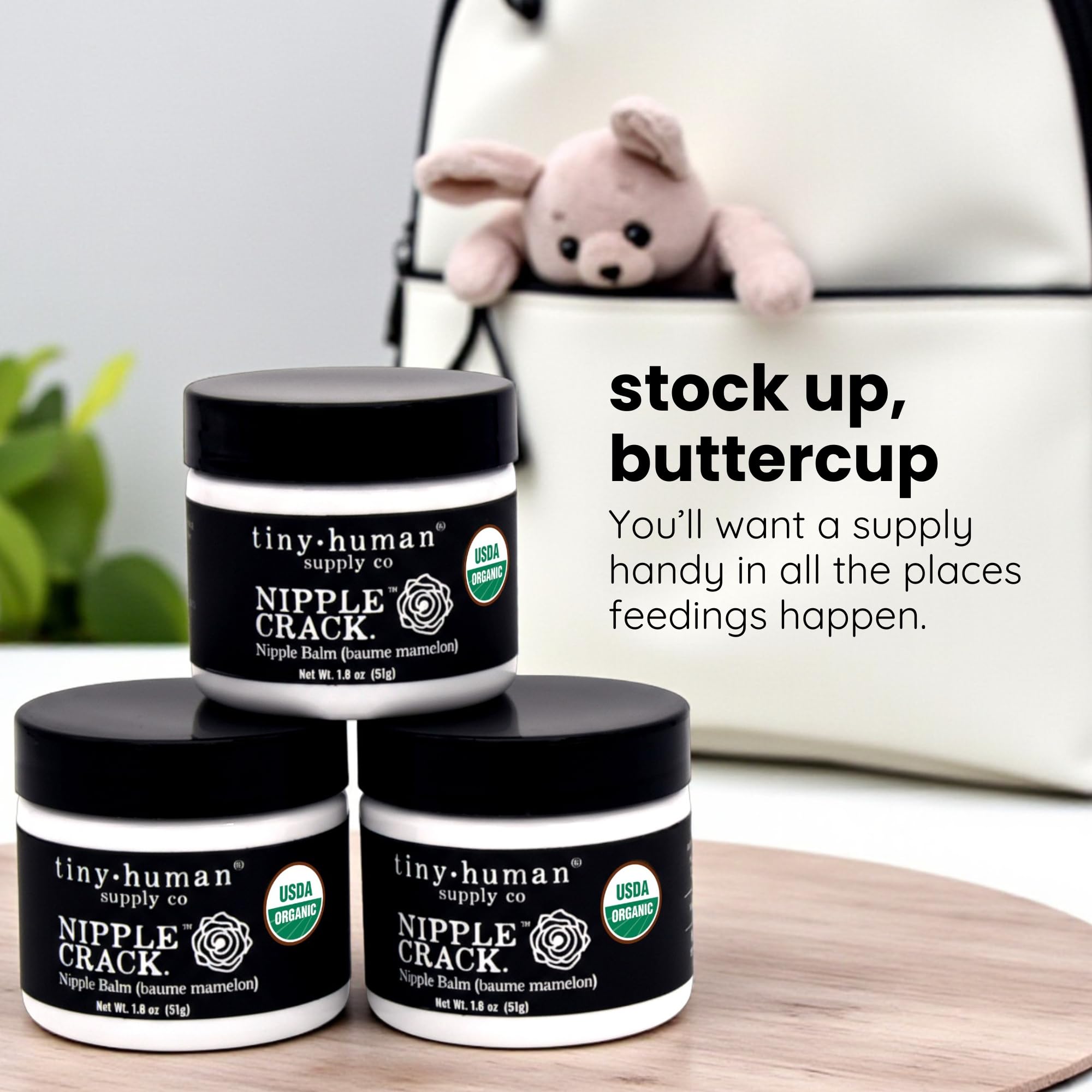 Tiny Human Supply Co no-wash-off nipple cream shown beside nursing essentials