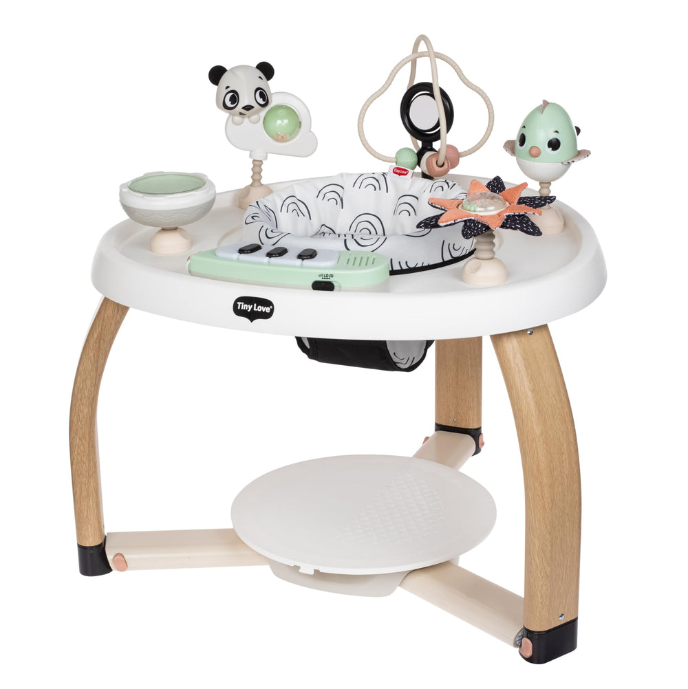 Tiny Love 5-in-1 stationary center in black-and-white promotes early sensory exploration