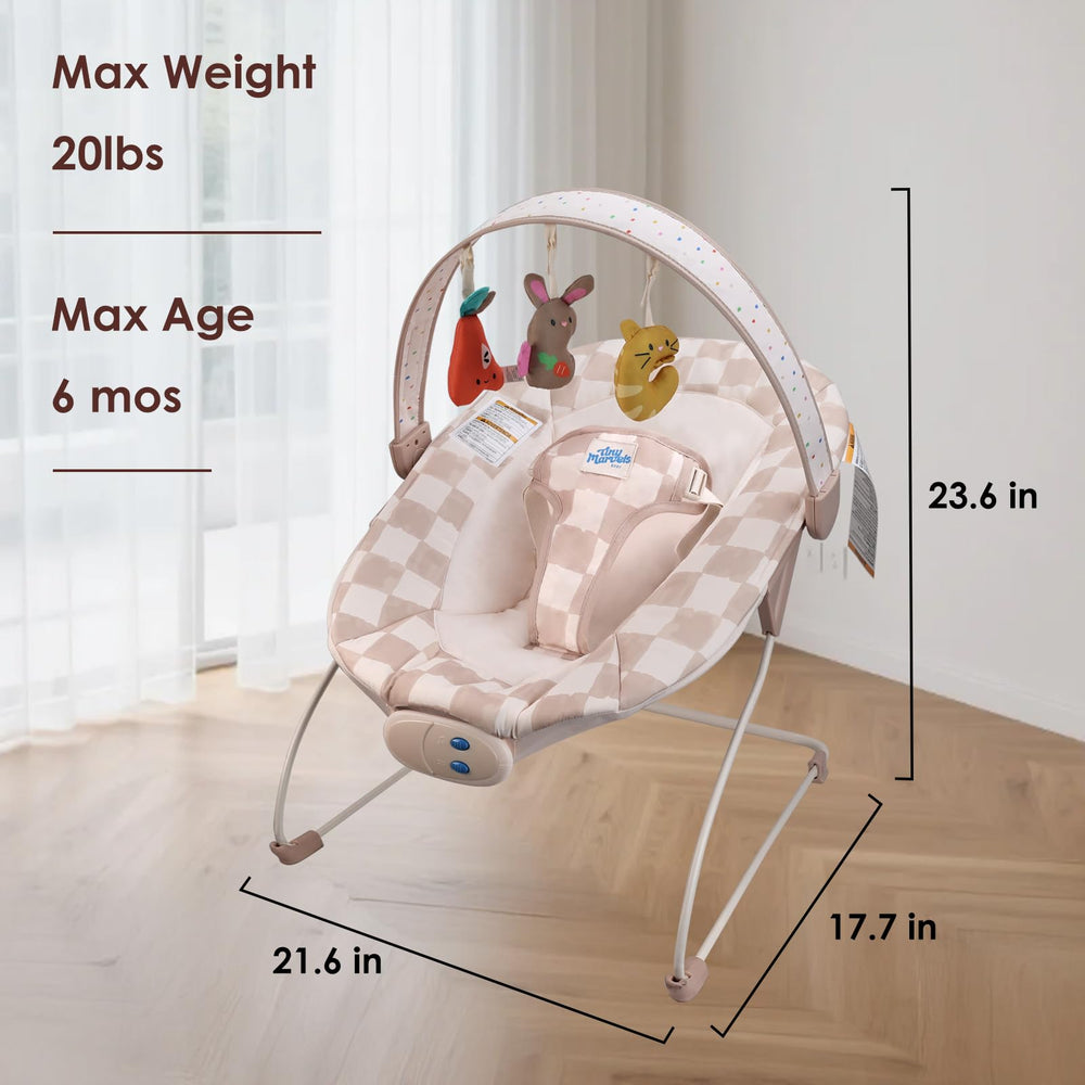 Tiny Marvels Baby Bouncer compact-washable-seat-pad with stain resistant fabric aids cleanup.