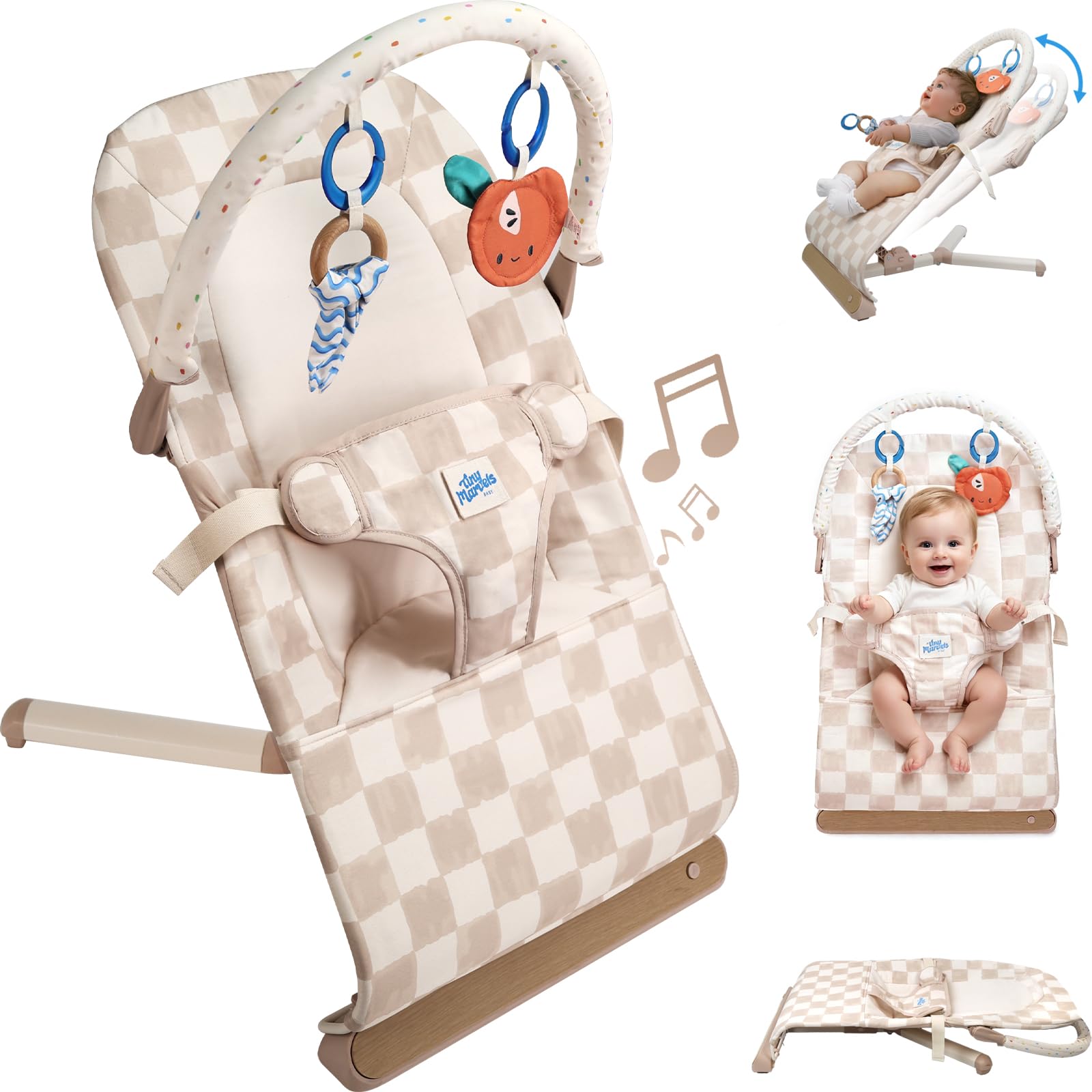 Tiny Marvels baby bouncer front view with secure 3-point harness for safe newborn seating.