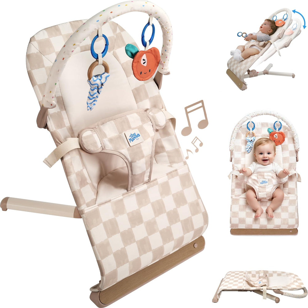 Tiny Marvels baby bouncer front view with secure 3-point harness for safe newborn seating.