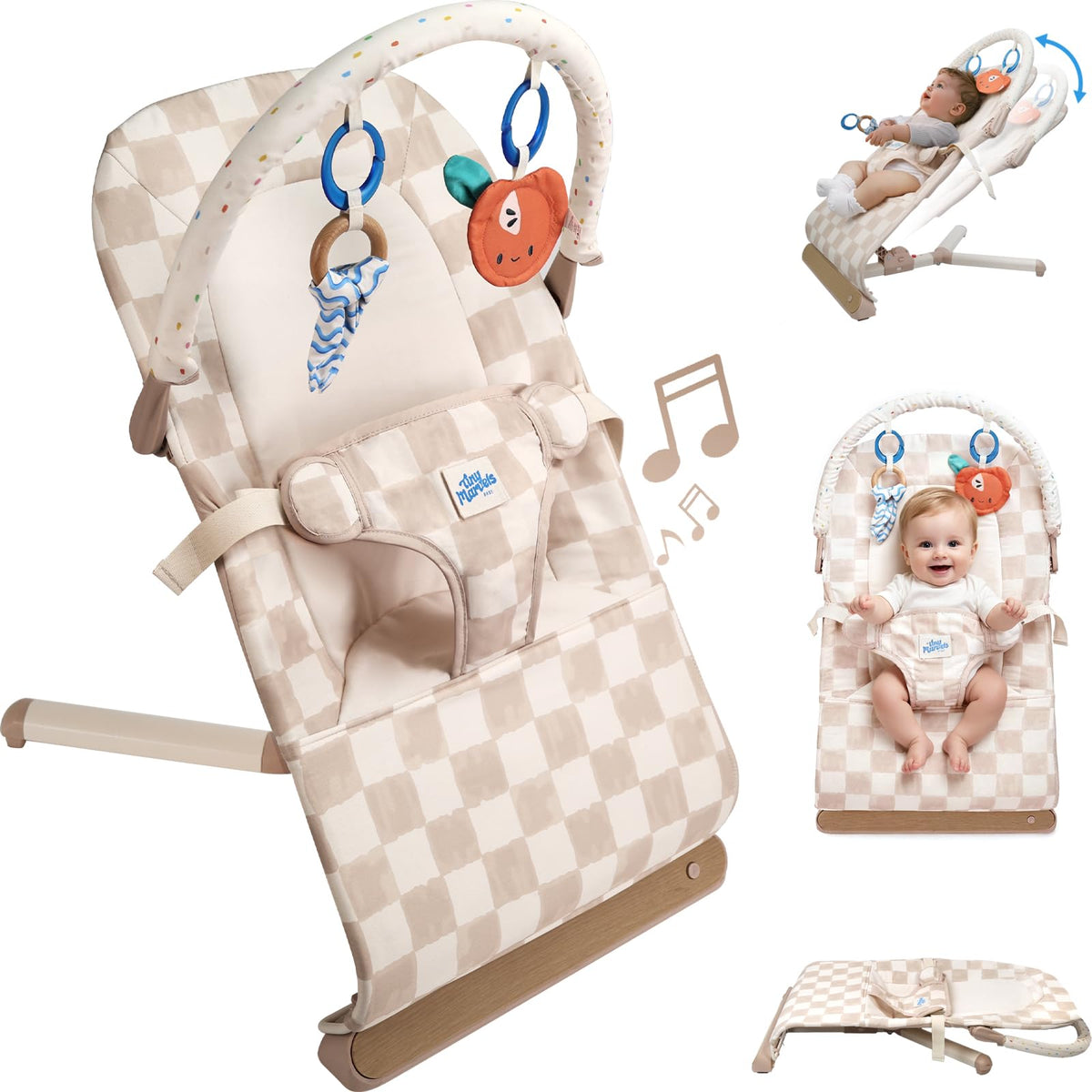 Tiny Marvels baby bouncer front view with secure 3-point harness for safe newborn seating.