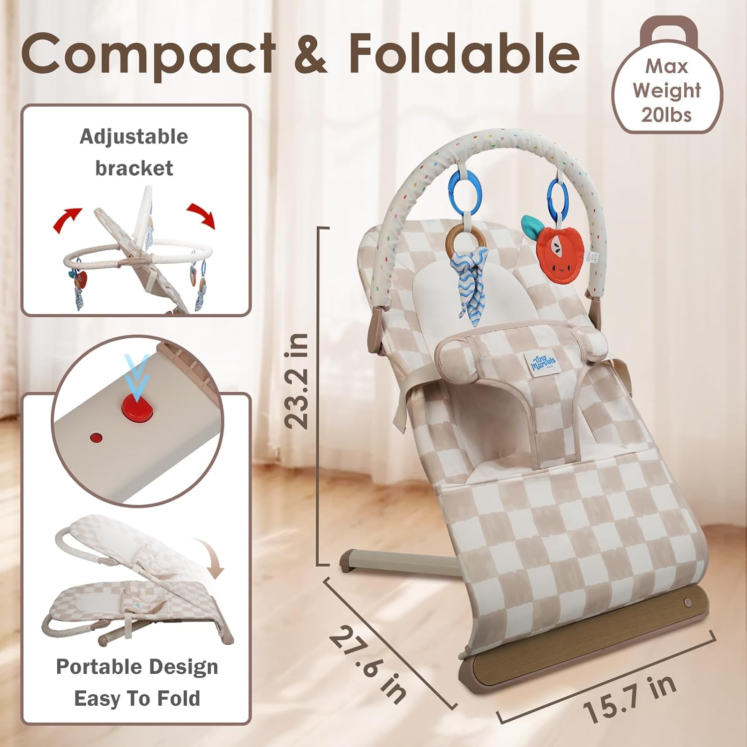 Tiny Marvels baby bouncer harness close-up communicates safety-ready design and sturdy frame.