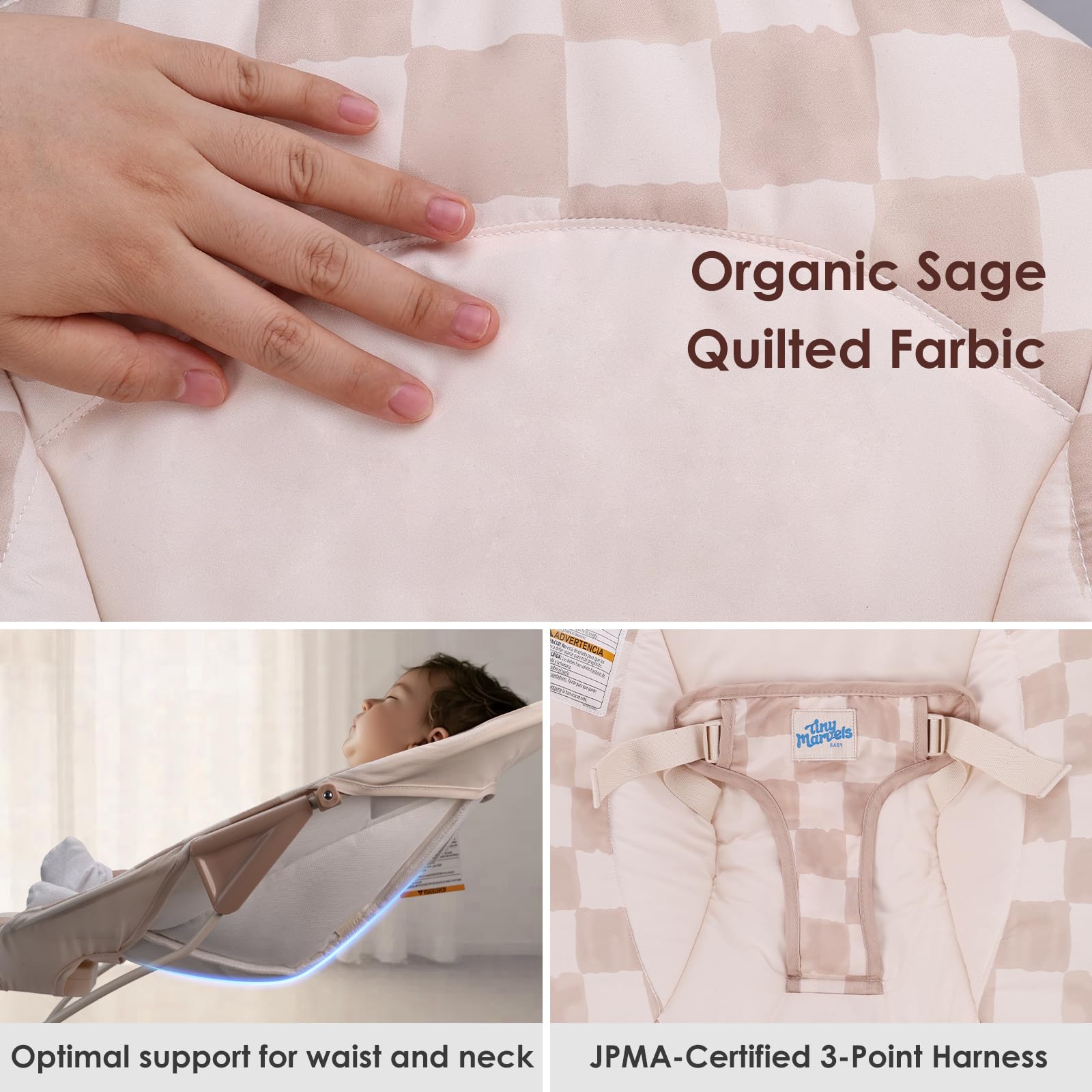 Tiny Marvels Baby Bouncer music function image shows adjustable melodies for calm moments.