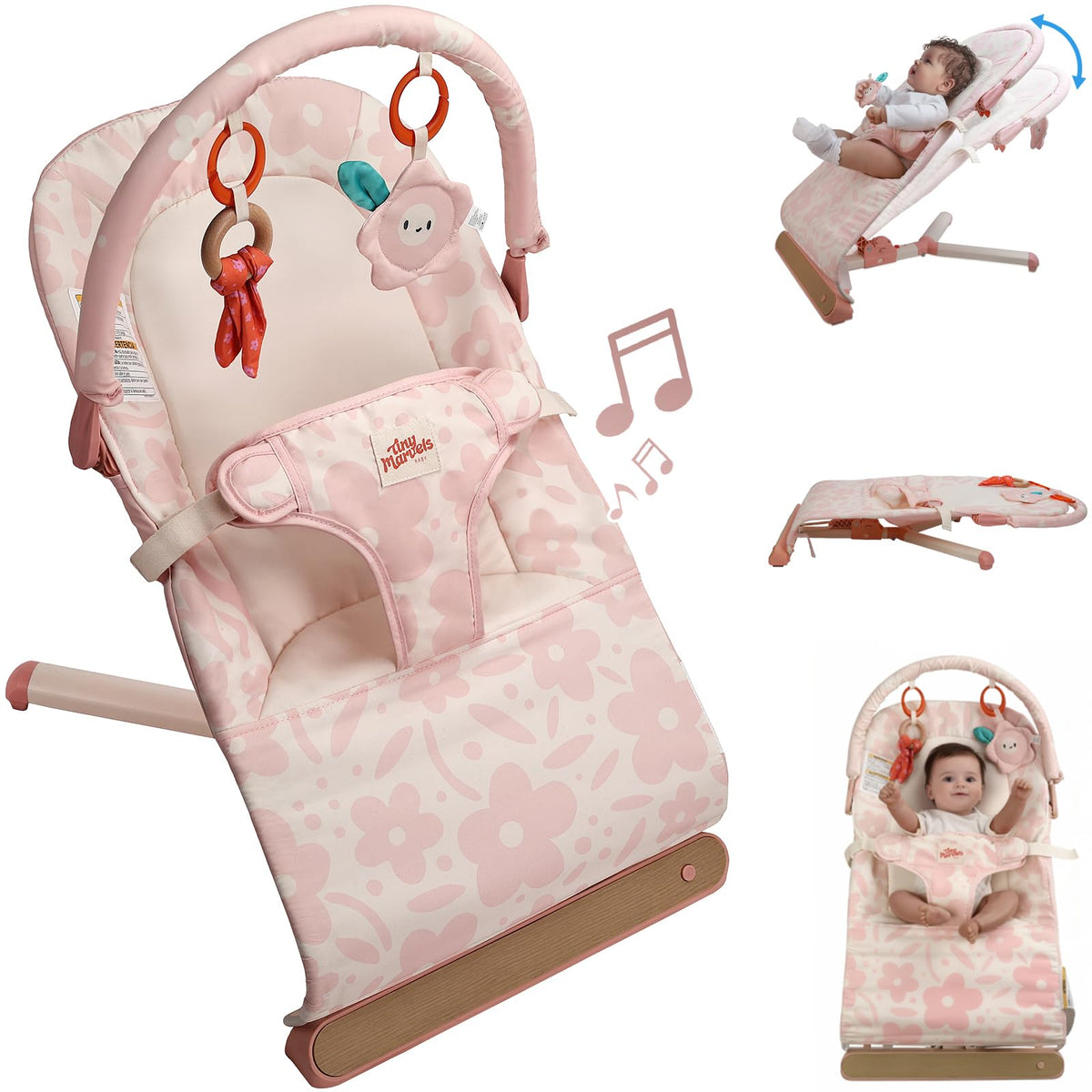 Tiny Marvels baby bouncer pink floral front view – gentle rocking supports soothing moments for newborns