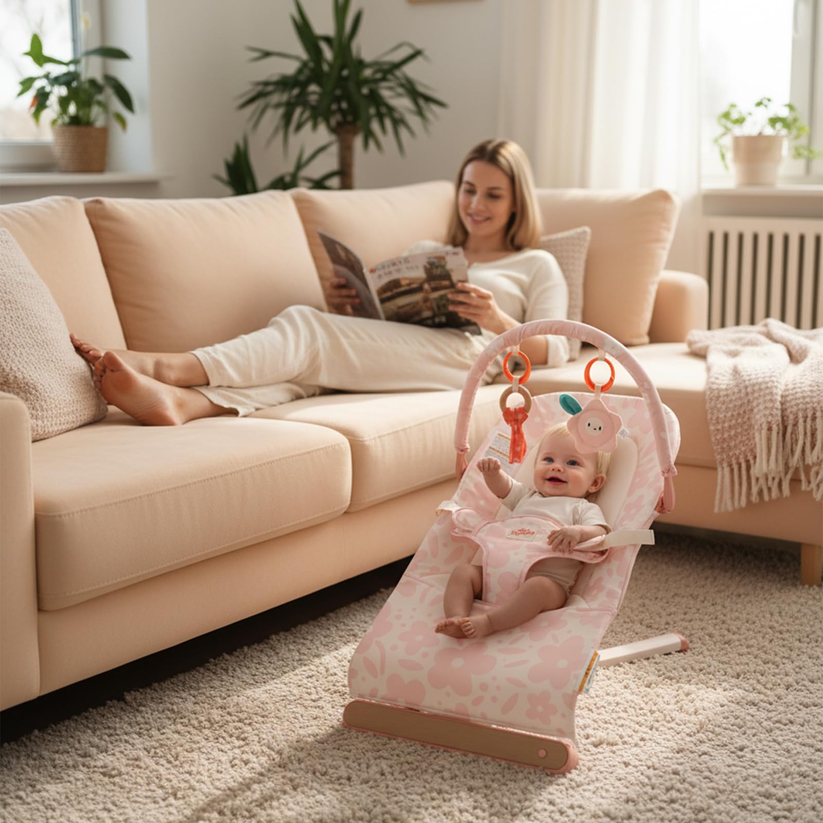 Tiny Marvels baby bouncer pink floral toy bar with mirror – sensory play boosts curiosity and eye contact