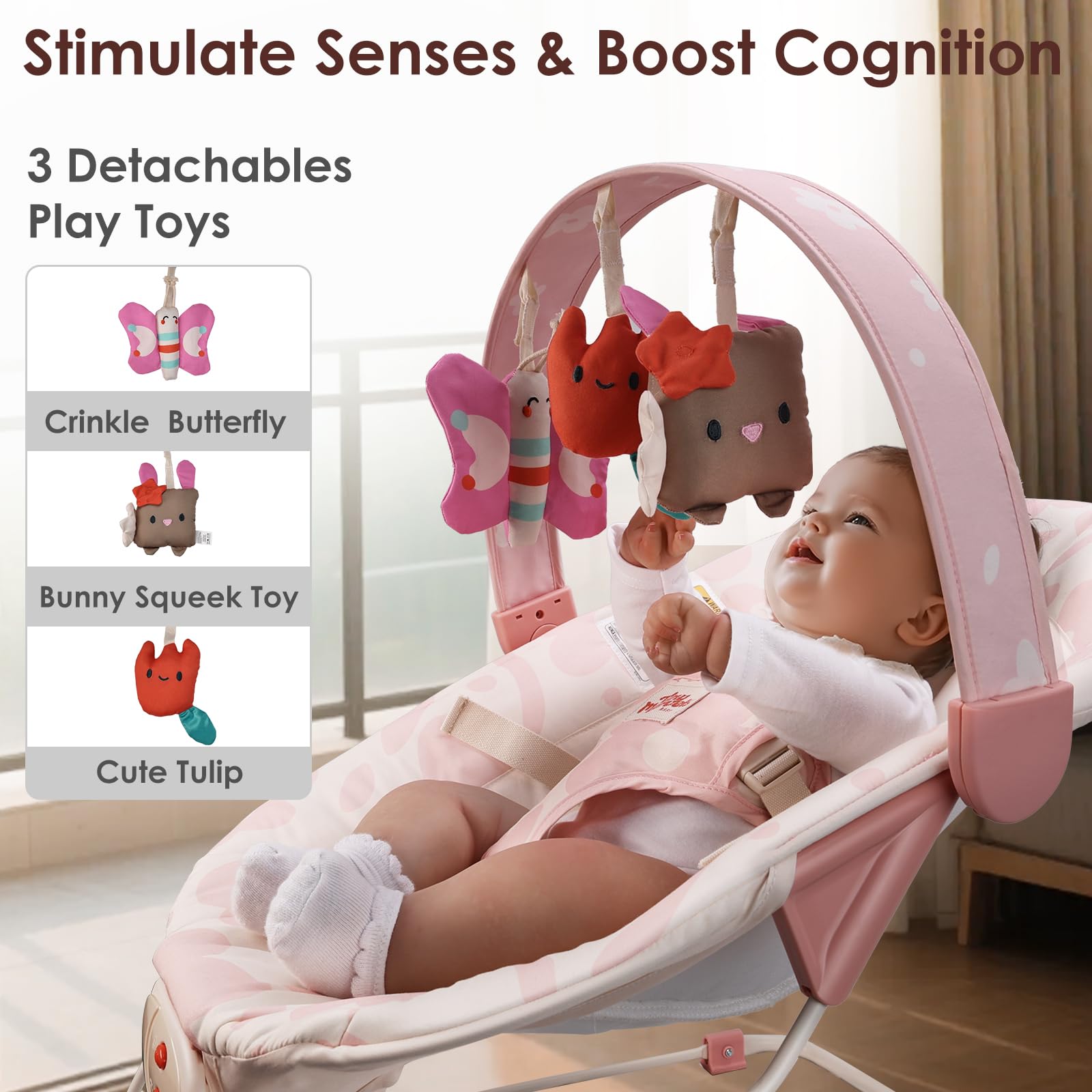 Tiny Marvels bouncer’s 3-point harness for secure positioning