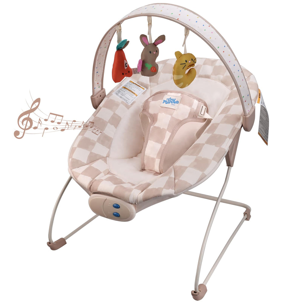 Tiny Marvels Baby Bouncer front view highlights compact newborn seat for easy setup.