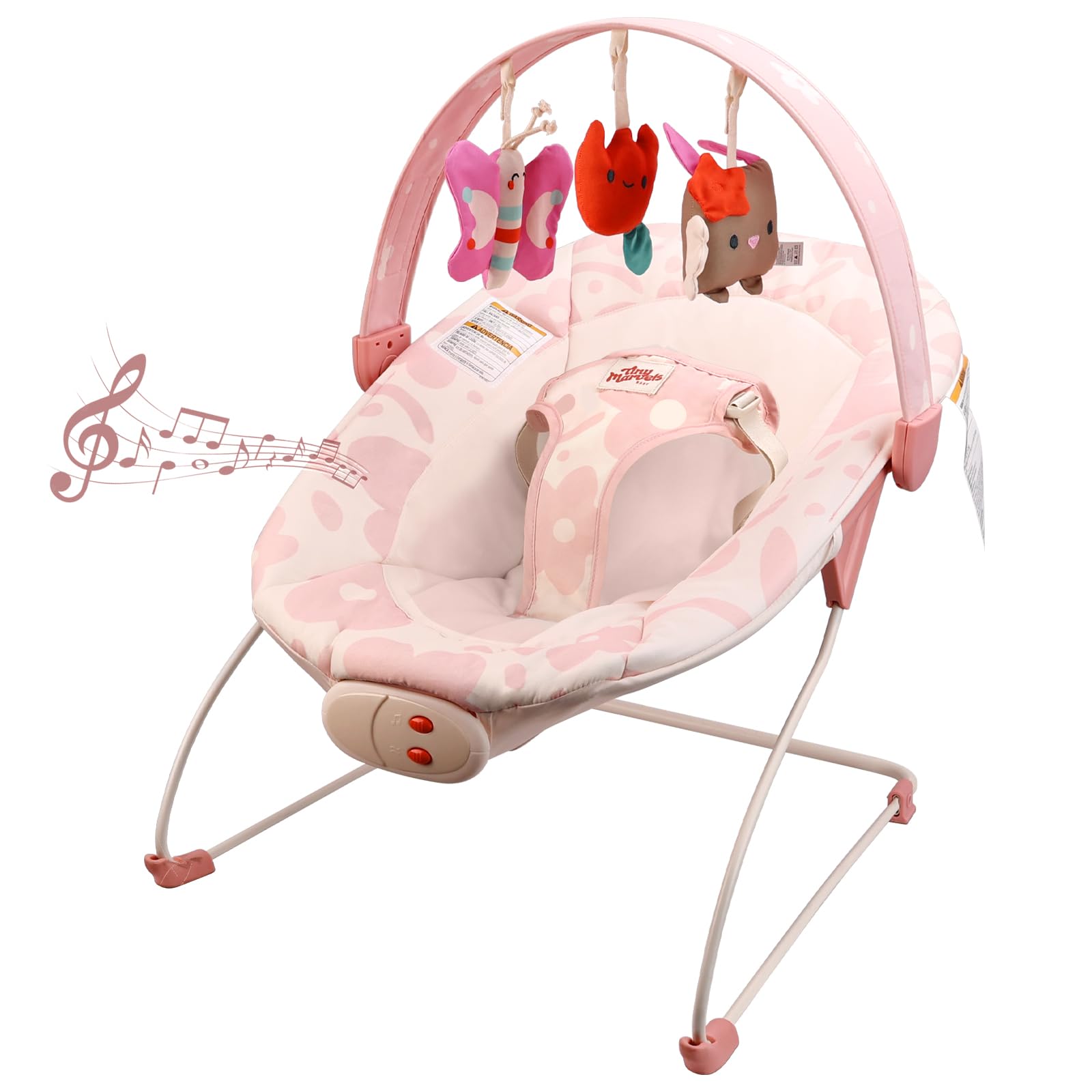 Tiny Marvels Baby Bouncer seat pink floral with music for calming newborns during playtime