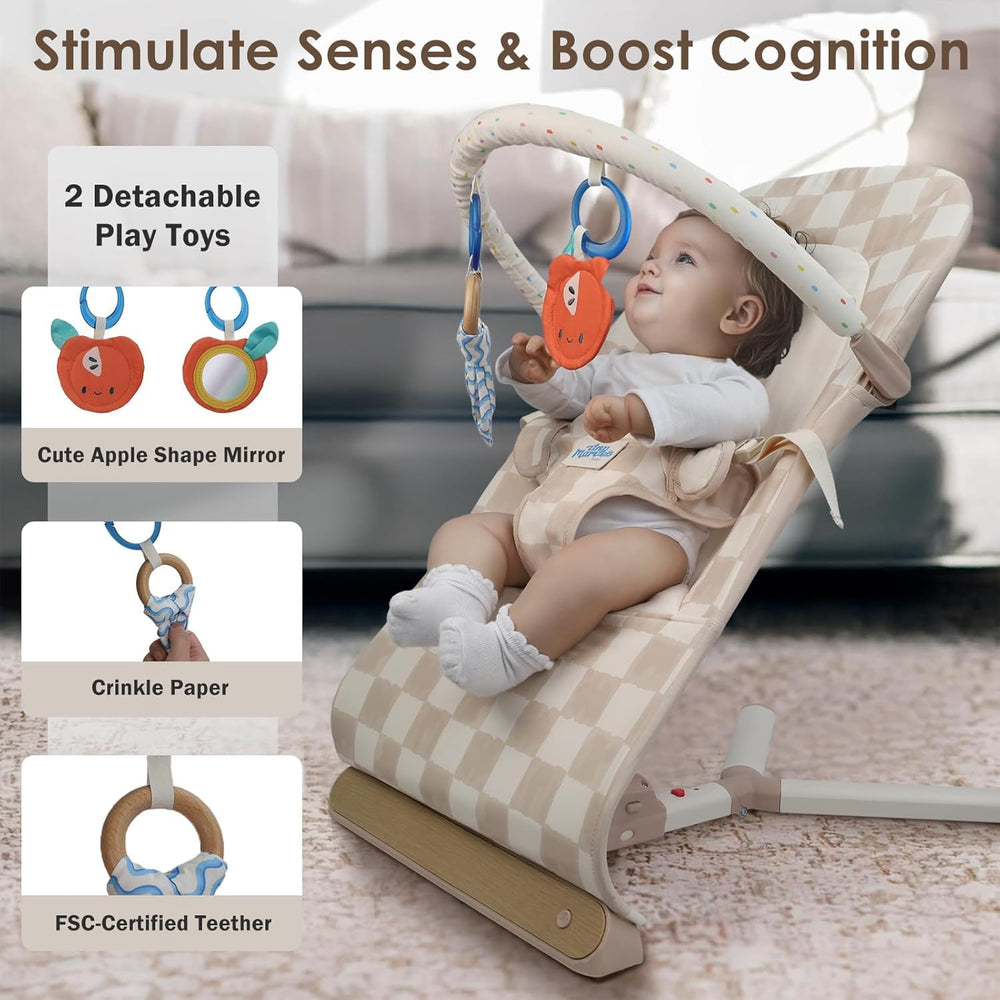 Tiny Marvels baby bouncer toy-bar close-up features detachable plush mirror and wood teether for exploration.