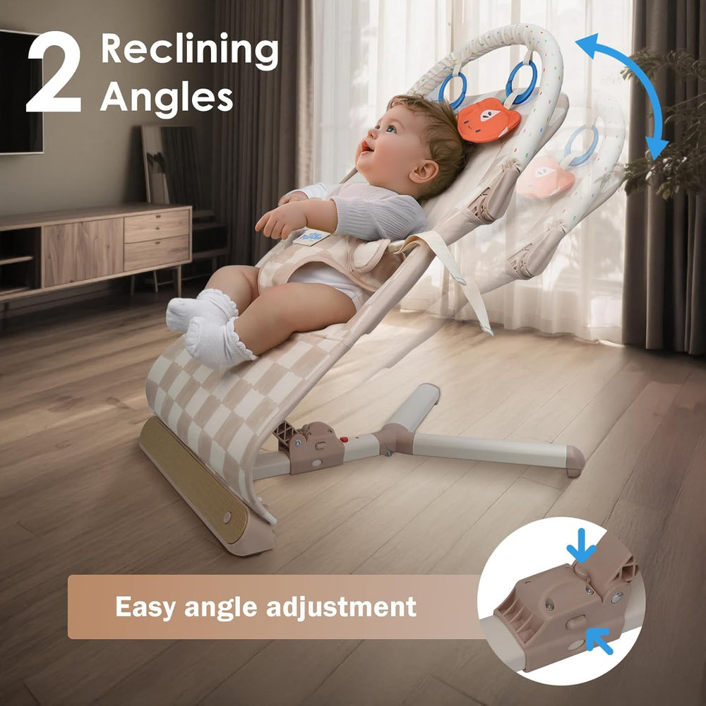 Tiny Marvels baby bouncer washable cover shown during use highlights easy cleaning after playtime.