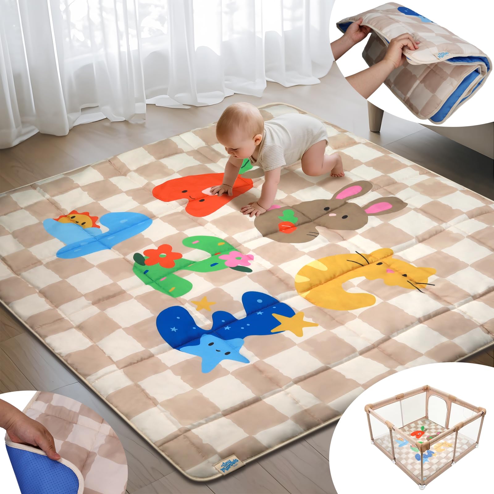 Tiny Marvels baby play mat suitable for indoor and outdoor use.