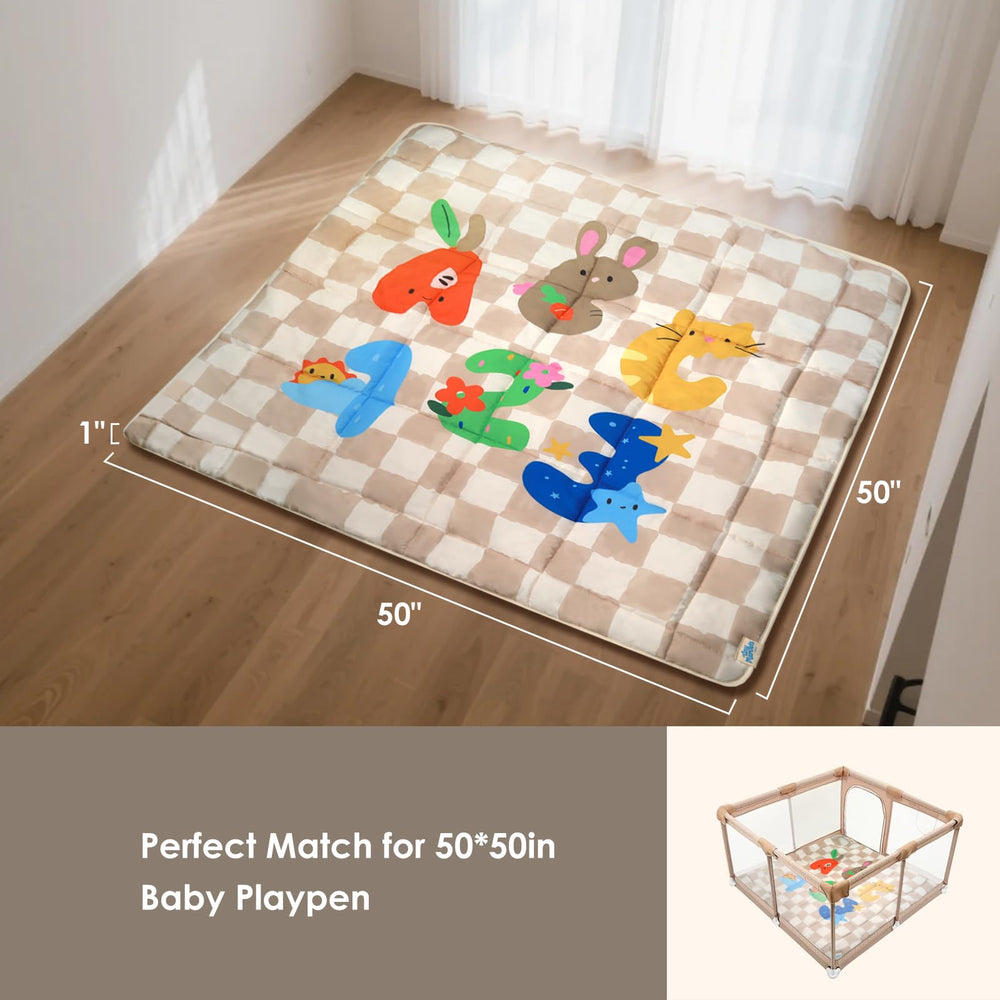 Tiny Marvels baby play mat playpen-compatibility fits 50x50 and similar sizes.