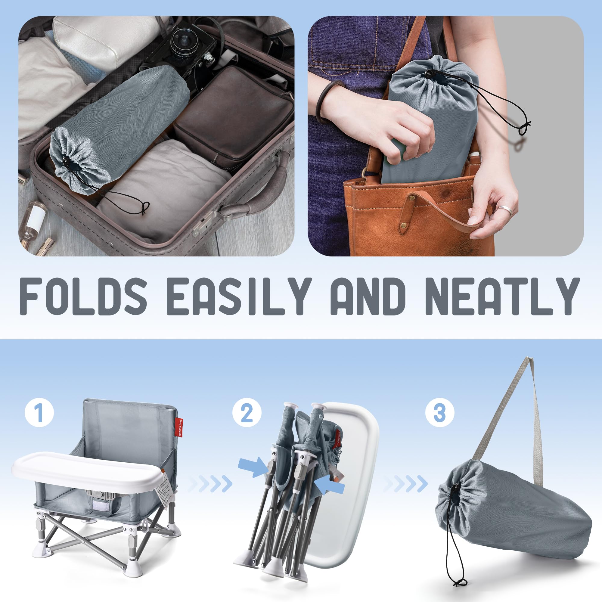 Tiny Marvels compact foldable baby chair with sturdy frame and non-slip feet.