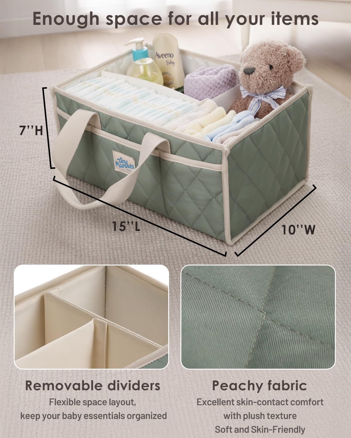 Tiny Marvels diaper caddy used as car organizer to tidy baby essentials on the go.