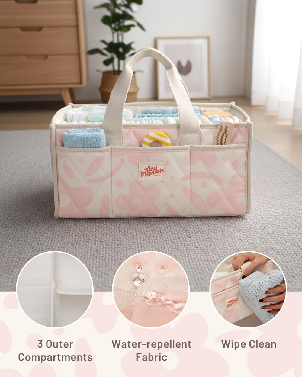 Tiny Marvels diaper caddy-changing-pad-match pairs with a changing pad for full setup.