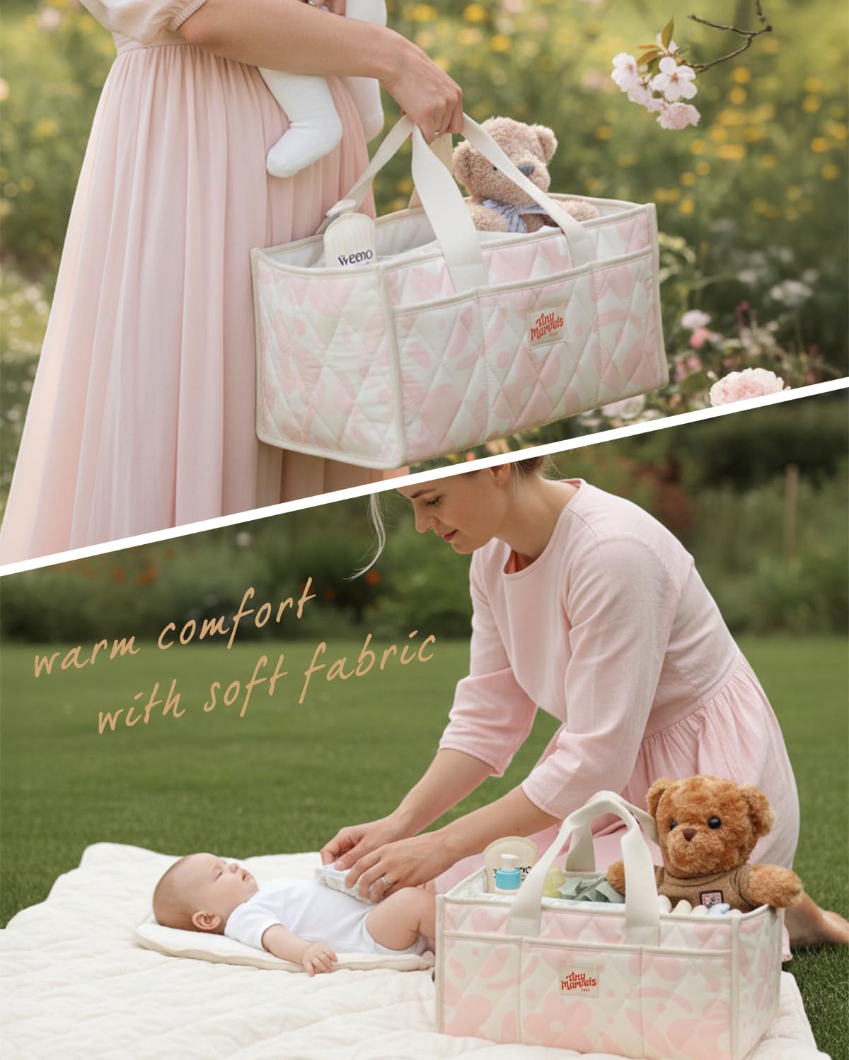 Tiny Marvels diaper caddy with durable handle for easy transport between rooms and car.