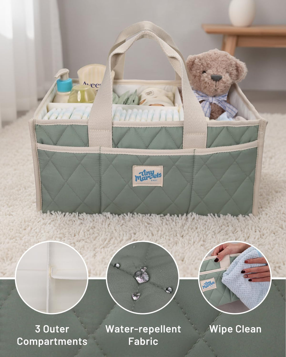 Tiny Marvels diaper caddy features wipe-clean materials for durable everyday use.