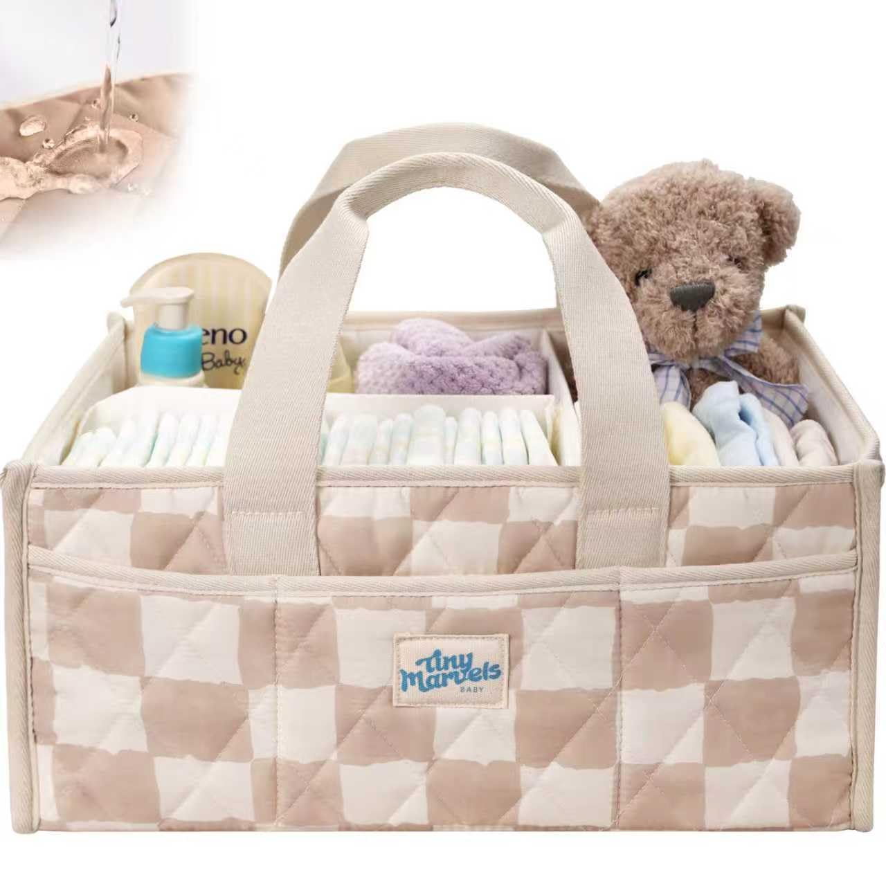 Tiny Marvels diaper caddy front view showing roomy storage for diapers and wipes.