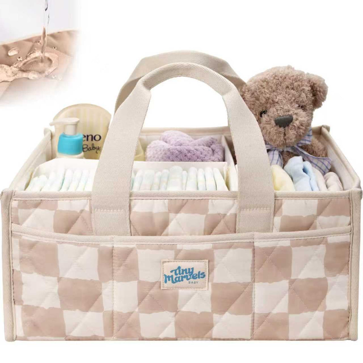 Tiny Marvels diaper caddy front view showing roomy storage for diapers and wipes.