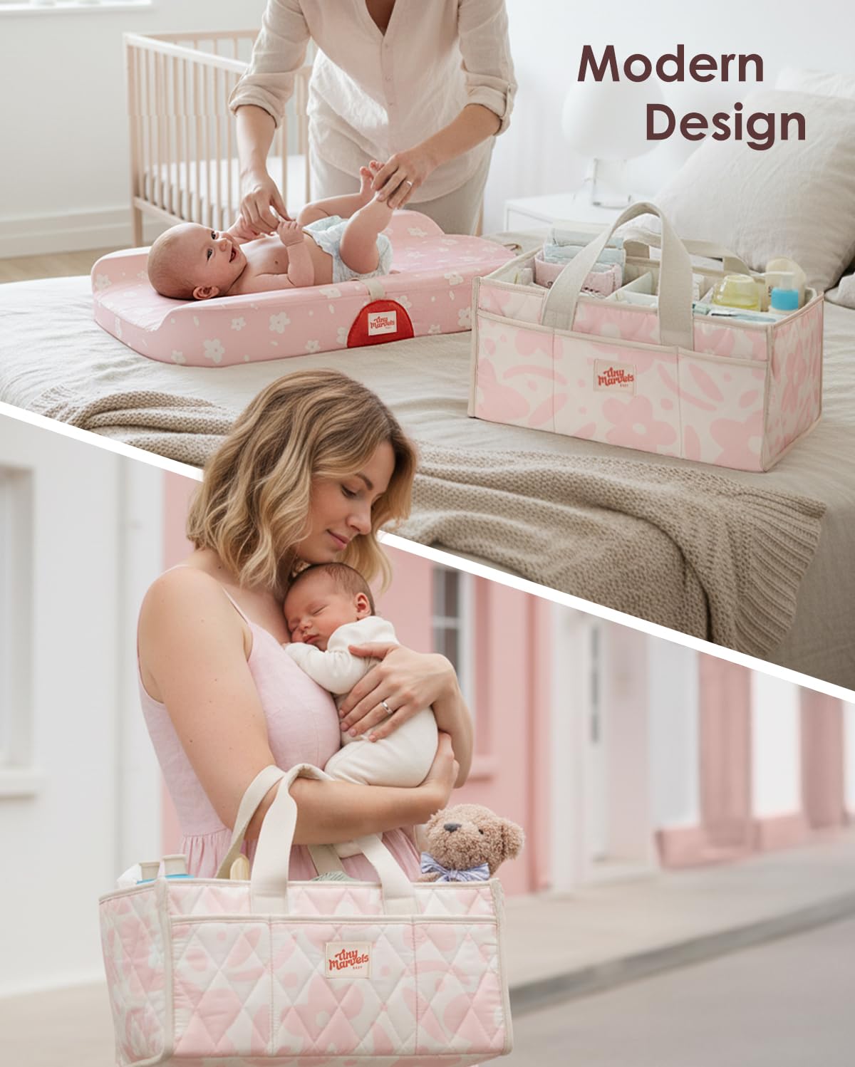 Tiny Marvels diaper caddy gift-set offers a thoughtful baby shower gift idea.