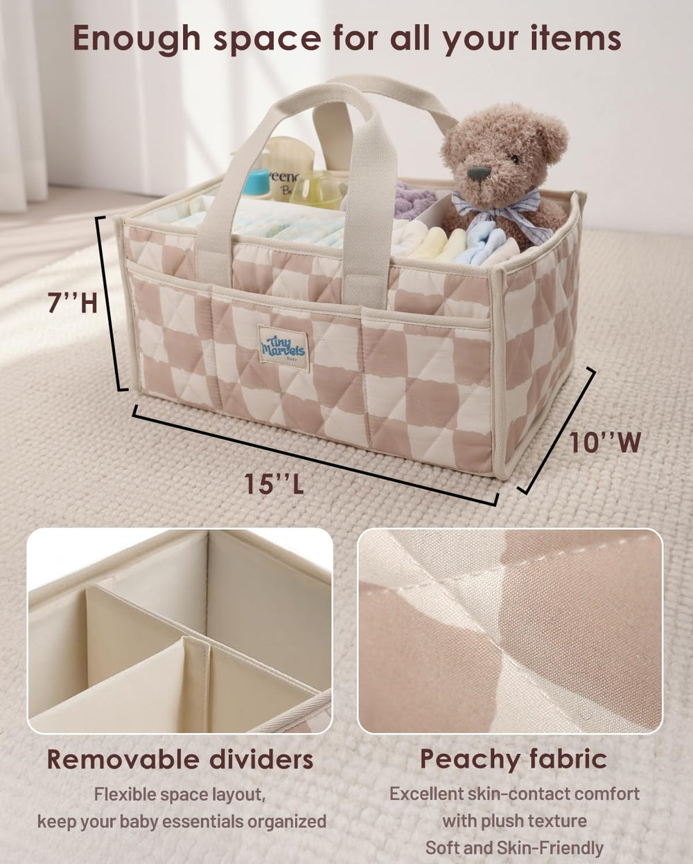 Tiny Marvels caddy shows long handle and removable dividers for customizable layout.
