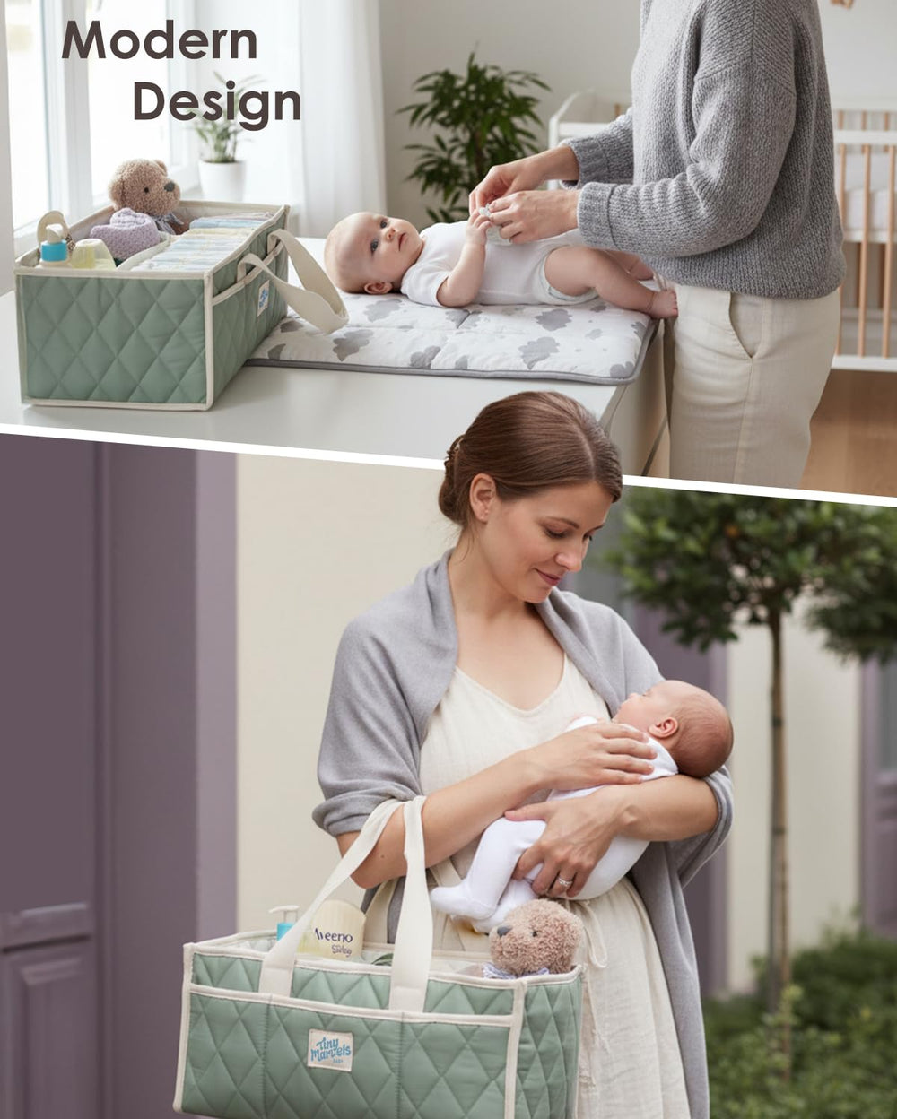 Tiny Marvels diaper caddy with multi-compartment design keeps diapers, wipes, and clothes neatly separated.
