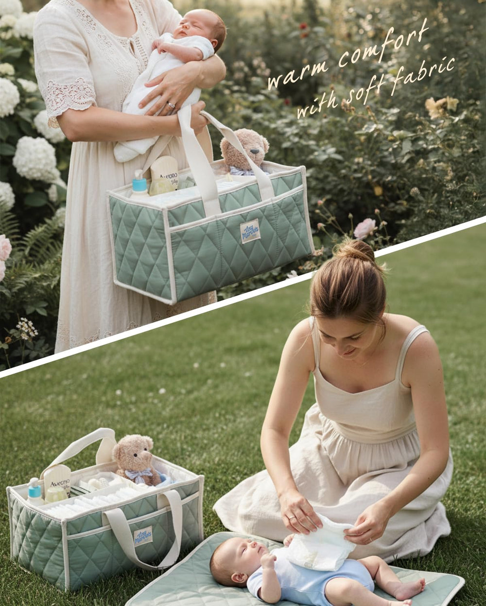 Tiny Marvels diaper caddy is travel-ready, offering accessible storage during outings.