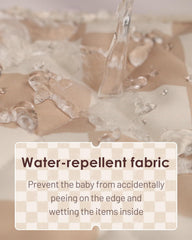 Tiny Marvels water-repellent fabric close-up highlights easy wipe-clean surface.