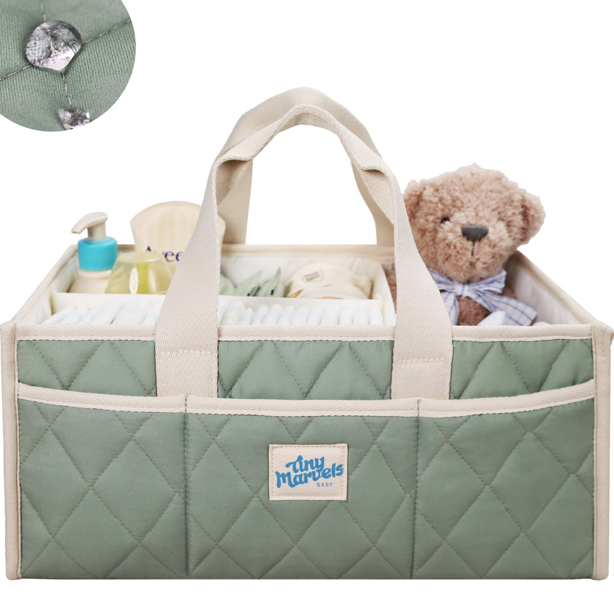 Tiny Marvels Baby Diaper Caddy water-repellent fabric for quick cleanup and organization.
