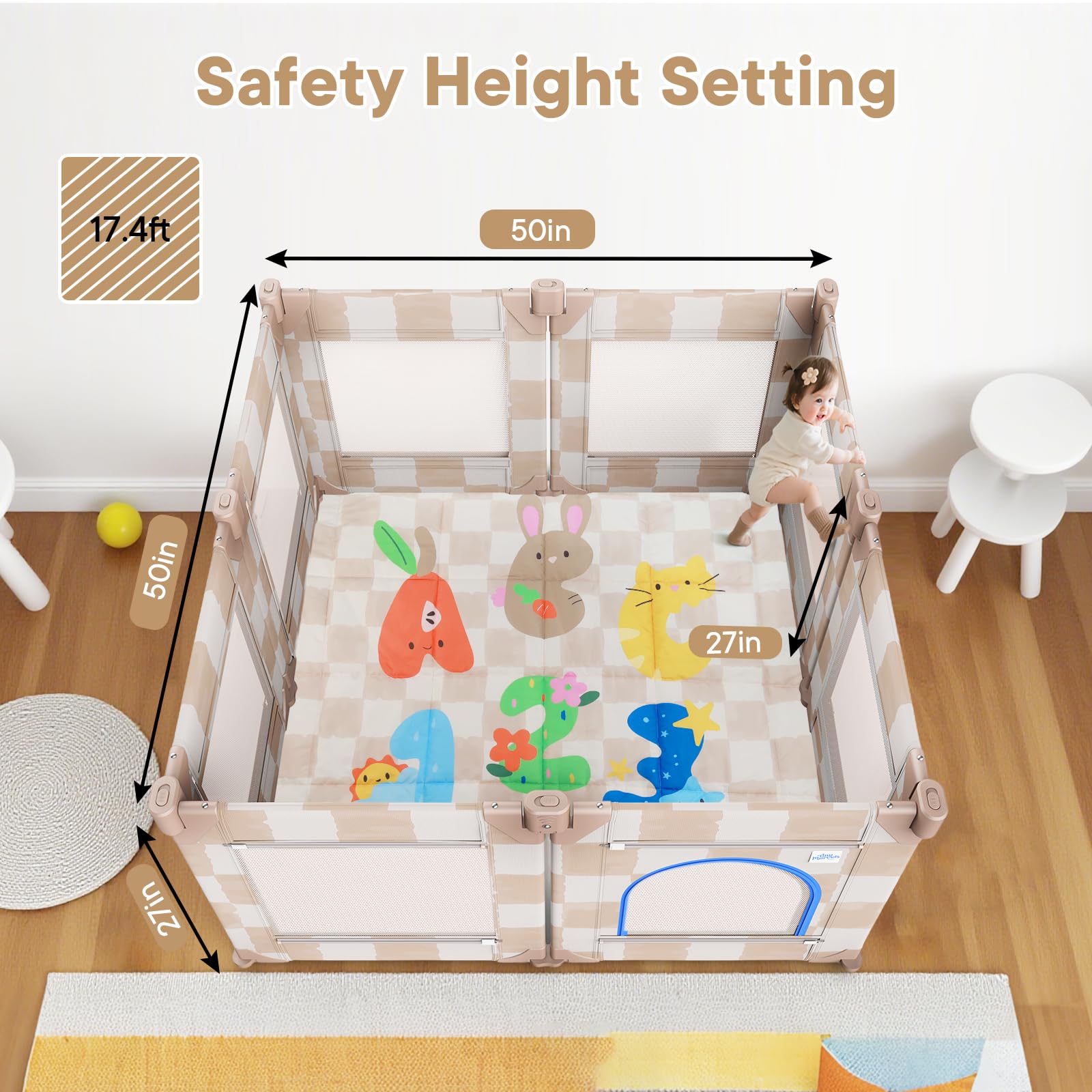 Tiny Marvels playpen dual-zipper gate secures entry and exit with reliable closure.