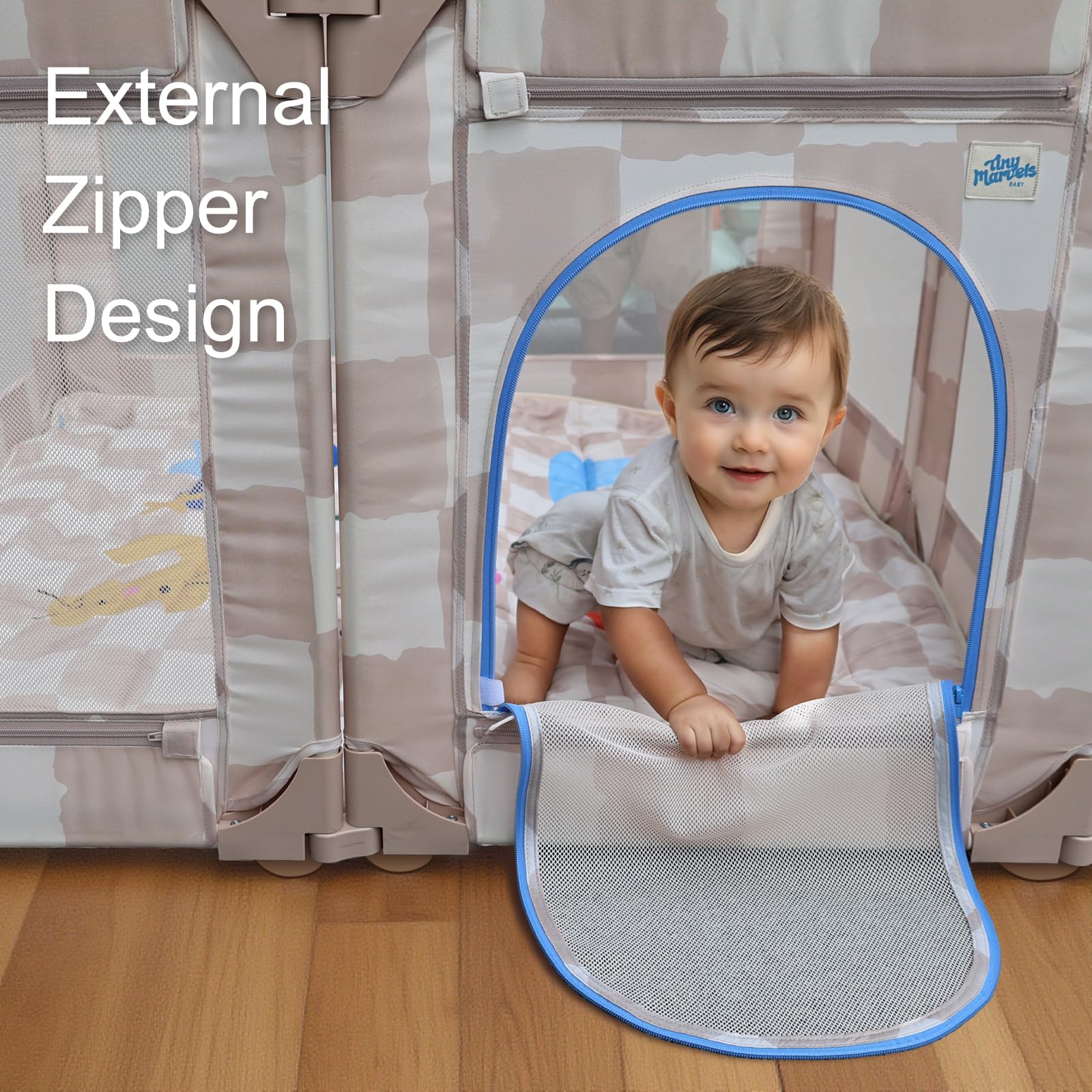 Tiny Marvels playpen waterproof Oxford wipes clean, keeping play area tidy.
