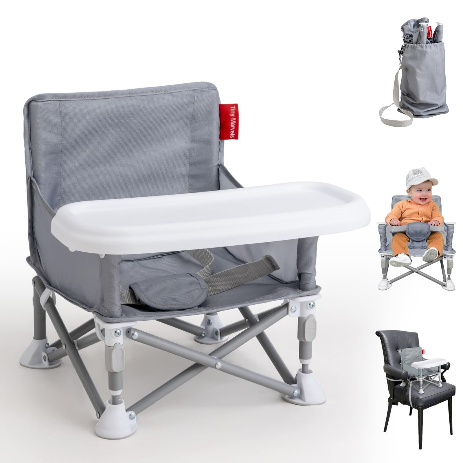Tiny Marvels portable 3-in-1 baby chair folded in carry bag for travel.