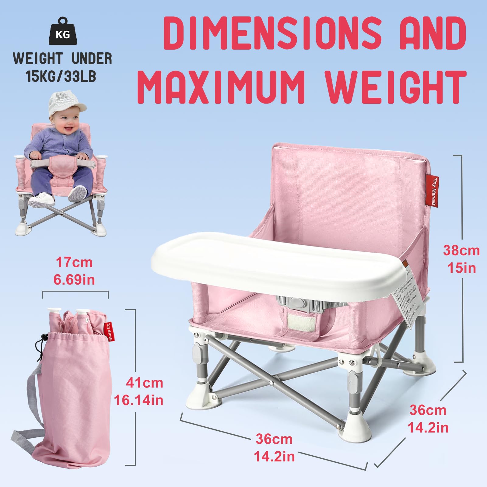Tiny Marvels portable 3-in-1 baby chair 600D fabric for durable comfort.