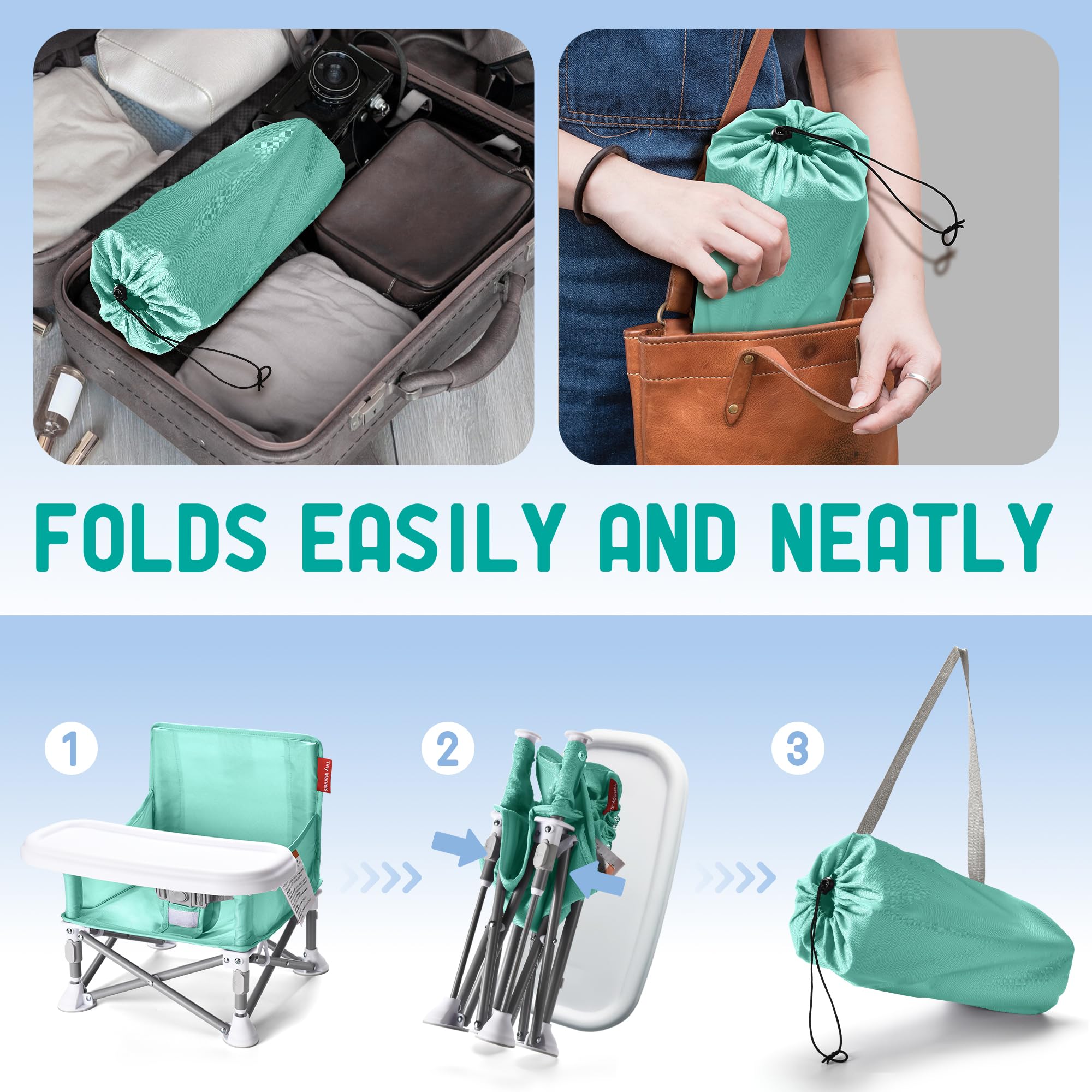 Tiny Marvels chair folded with carry bag ready for travel.